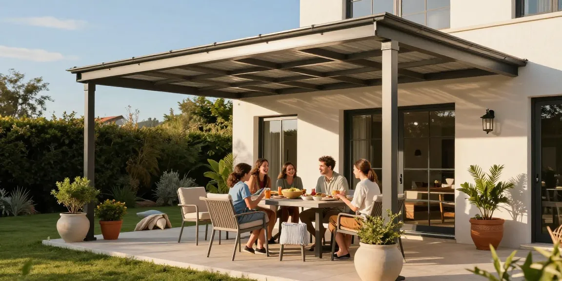 Terrassenüberdachung in einem modernen Garten mit einer Familie am Esstisch.