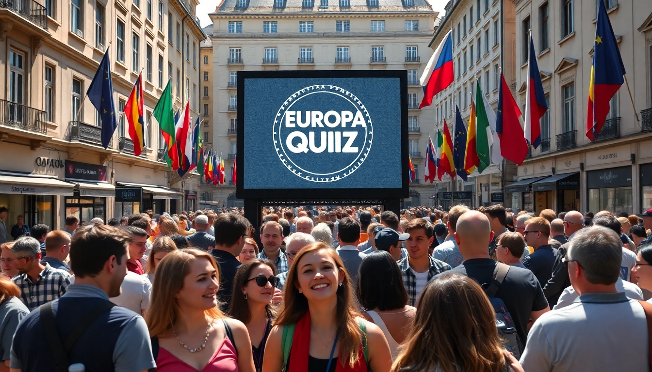 Teilnehmer des Europa Quiz in einem lebhaften Stadtplatz, umgeben von Flaggen und Menschen.