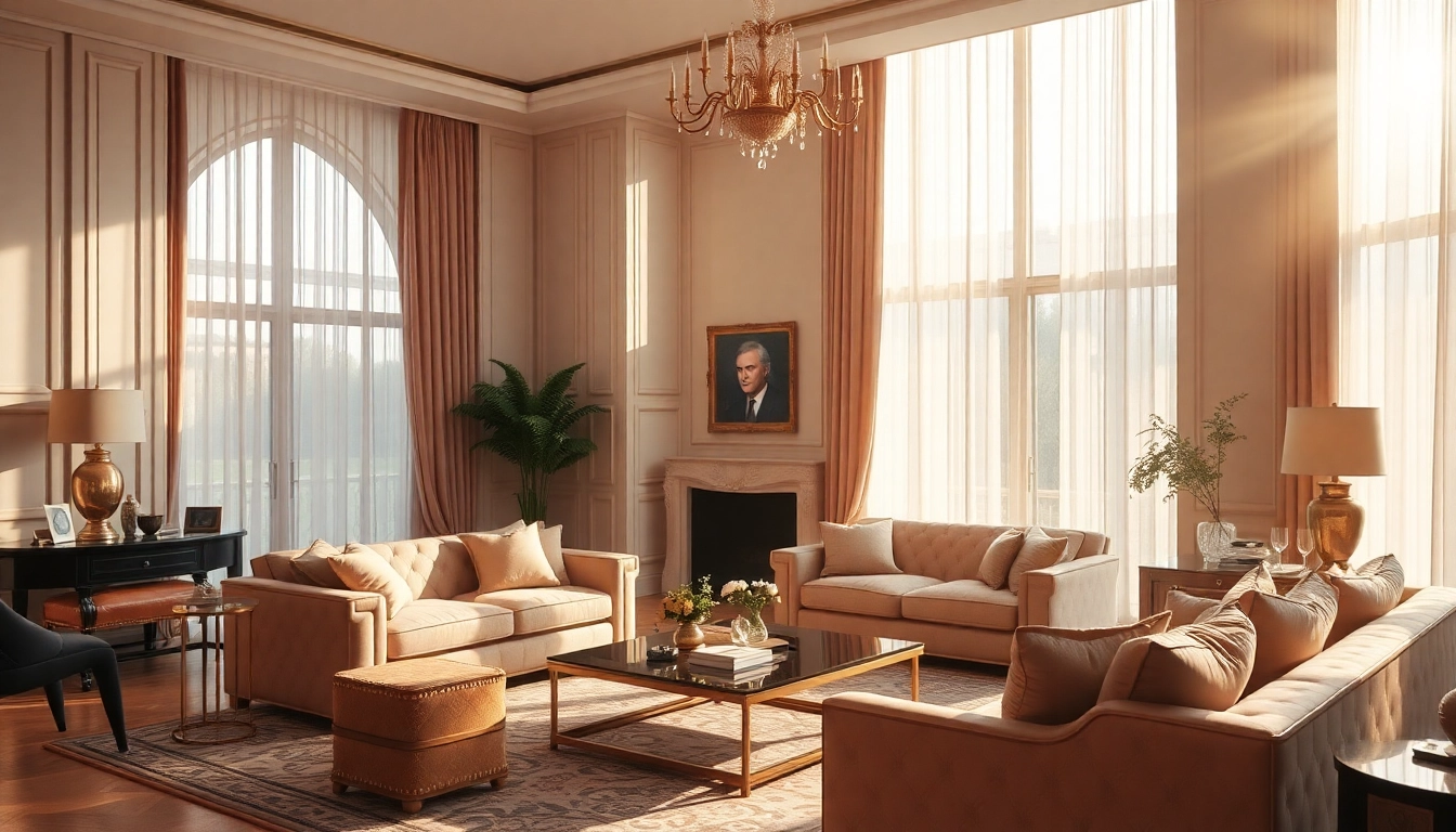 Luxury living room with elegant furniture showcasing plush textures and serene ambiance.