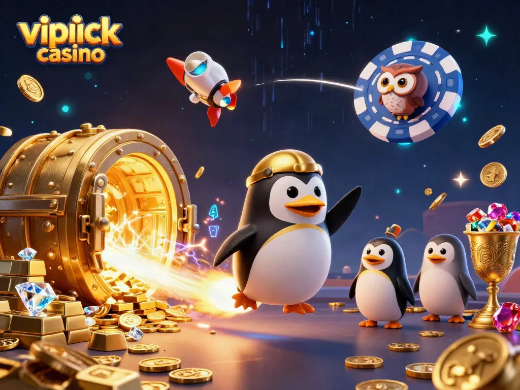 Experience the thrill at vipluck casino with a vibrant golden penguin and treasures!