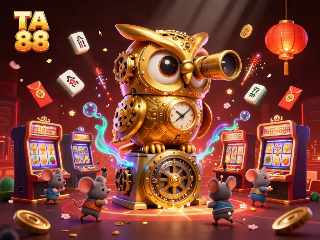 Engage with TA 88 through vibrant casino scenes showcasing slot machines and golden owls, captivating players.