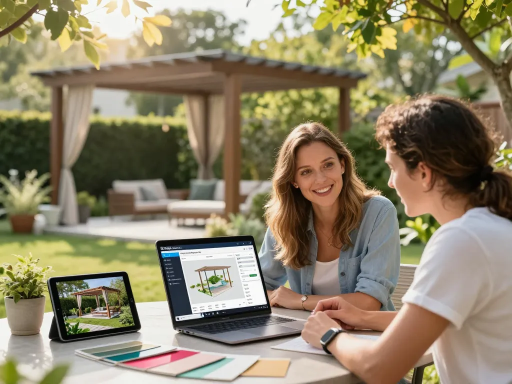 Pergola Konfigurator 3D Szene mit einem Paar, das ihre Traumpergola in einem schönen Garten anpasst.