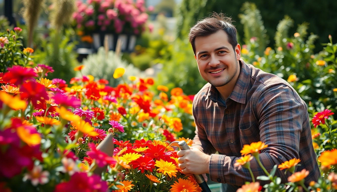 Gartenbau in einer bunten Gartenlandschaft mit einem professionellen Gärtner bei der Arbeit.