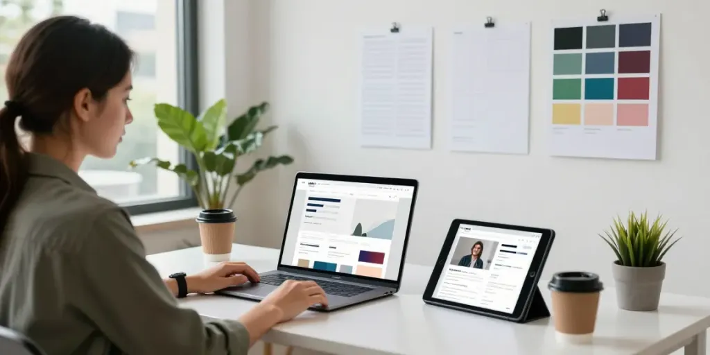 Ein modernes Webdesign-Studio im Saarland, Designer arbeitet mit Kunden und zeigt responsive Entwürfe.