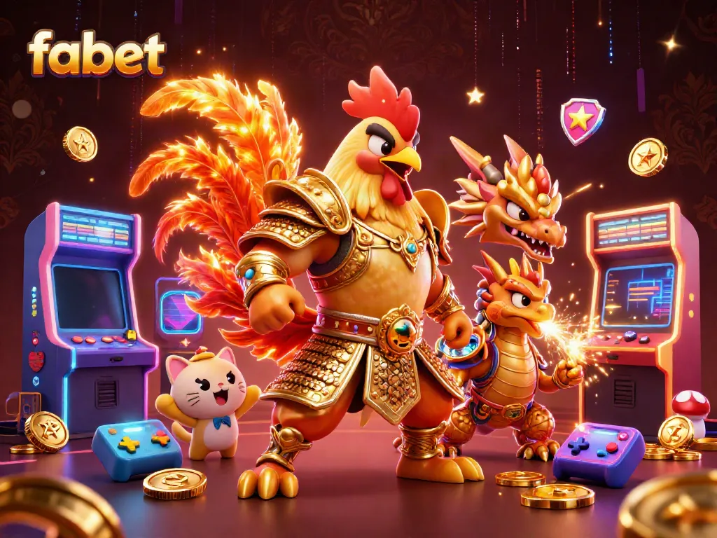 Engage with fabet's dynamic gaming scene featuring a powerful rooster warrior and a golden dragon hatchling.