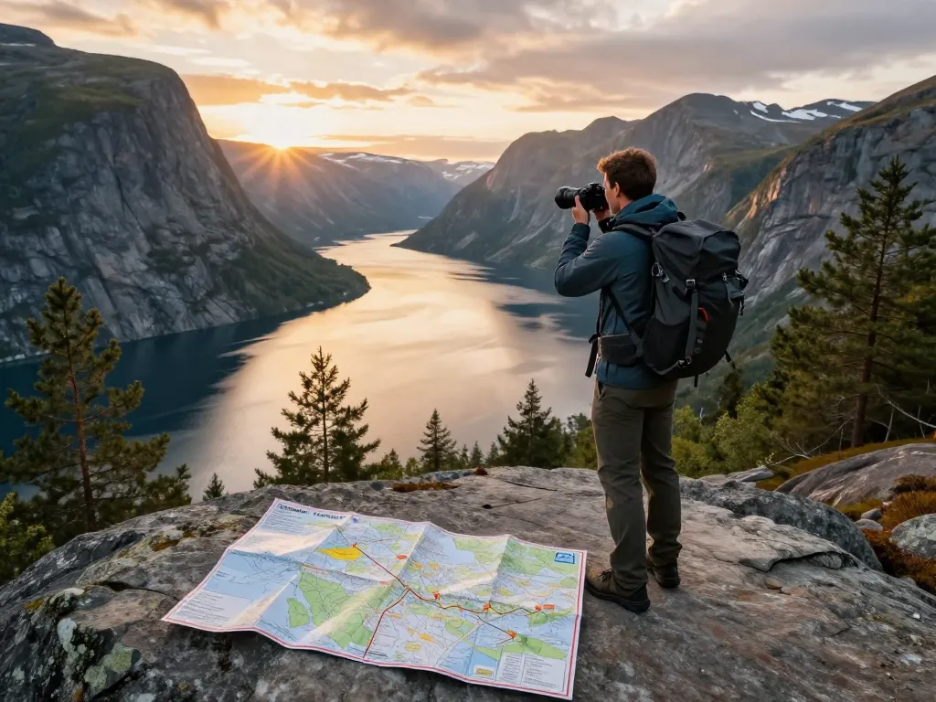 Malersicher Aussichtspunkt für Reisen mit Skandinavien Reisetipps, wo ein Reisender die Fjordlandschaften Norwegens beim Sonnenuntergang festhält.