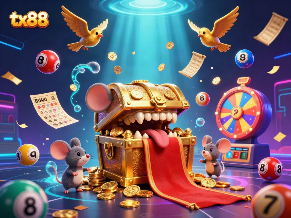 Experience the excitement of tx88 with a vibrant casino-themed 3D illustration full of games and winning potential.