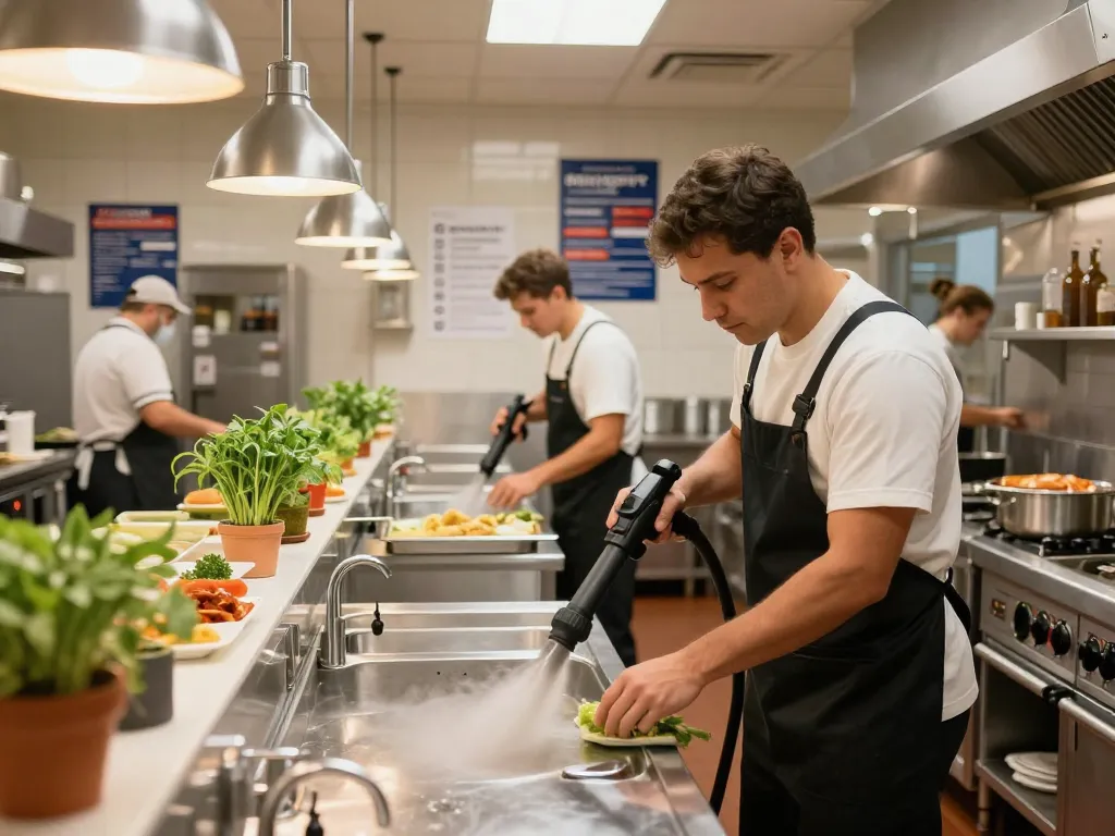 Gastronomiereinigung in Münster mit professionellem Küchenteam, das die Hygienestandards in einem geschäftigen Restaurant gewährleistet.
