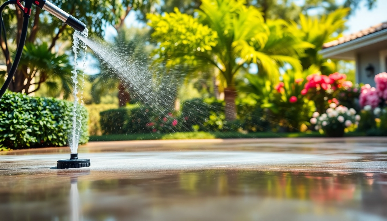 Driveway pressure wash in Kissimmee, showcasing effective cleaning techniques and lush greenery.
