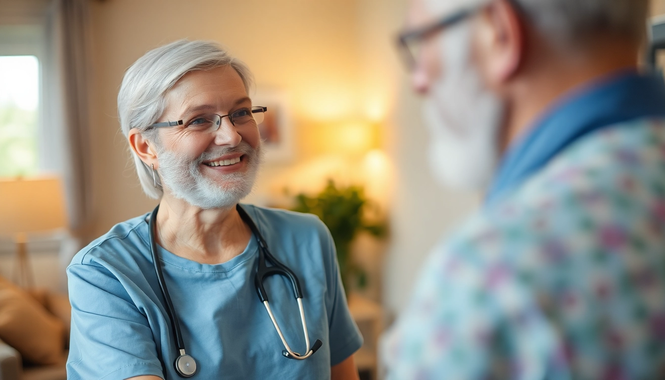 Beratung und Werbung für Pflegedienst: Pflegekraft spricht lächelnd mit Patient.