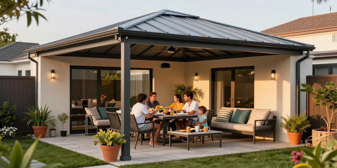 Gemütliche Terrasse mit hochwertigen Terrassenüberdachungen, ideal für entspannte Nachmittage.