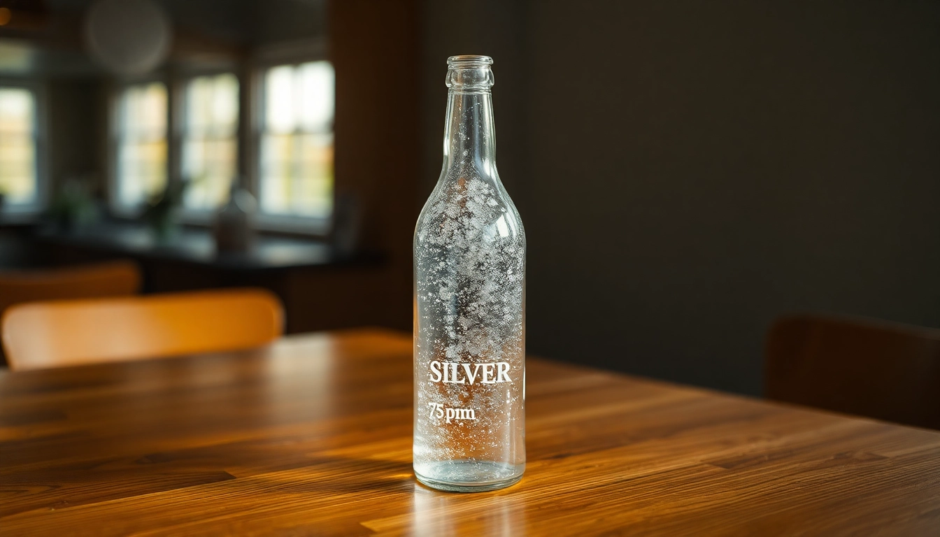 Kolloidales Silber 75 ppm in einer eleganten Flasche, die Reinheit und Qualität betont.