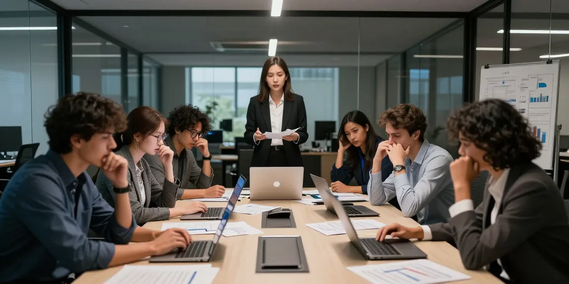 Toxische Führung in einem modernen Büro, frustrierte Teammitglieder in besorgniserregendem Meeting.