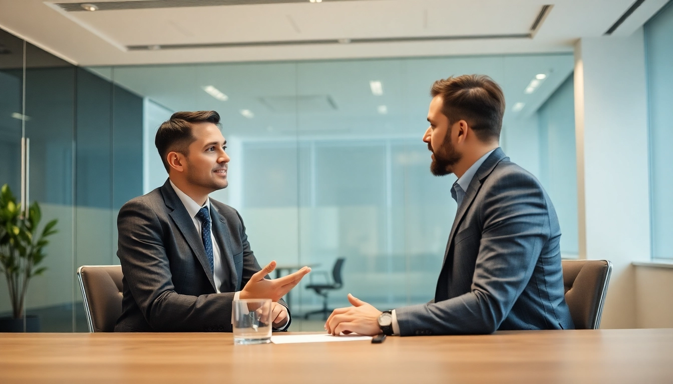Headhunter interviewt Kandidaten in modernem Büro, fokussiert auf die professionellen Gespräche.