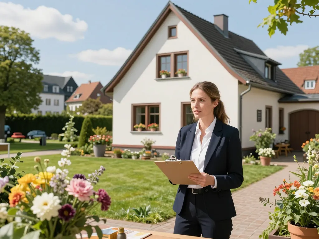 Immobilienmakler Frankfurt Ginnheim präsentiert eine schöne Immobilie mit potenziellen Käufern in einer sonnigen städtischen Umgebung.
