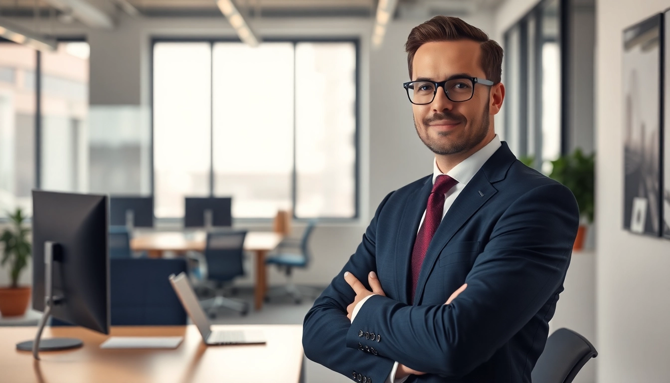 Unternehmensberatung: Portrait eines Unternehmensberaters in einem modernen Büro mit Fokus auf Engagement und Professionalität.
