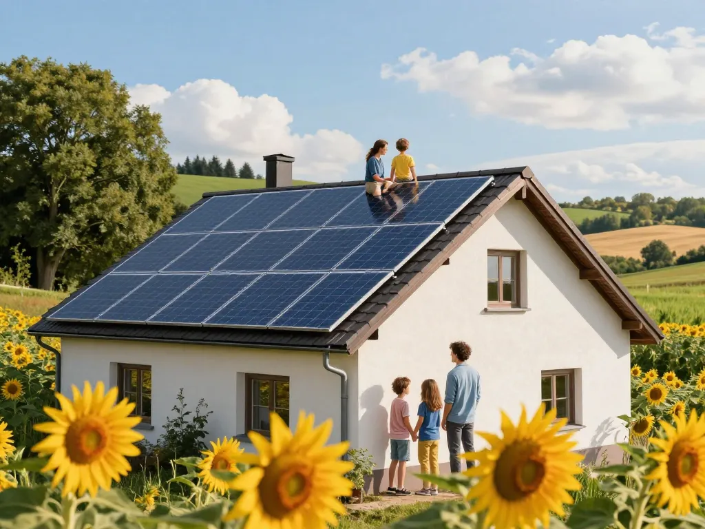Photovoltaik Bayern: Familie genießt umweltfreundliche Solarpanel-Installation in malerischer Landschaft.