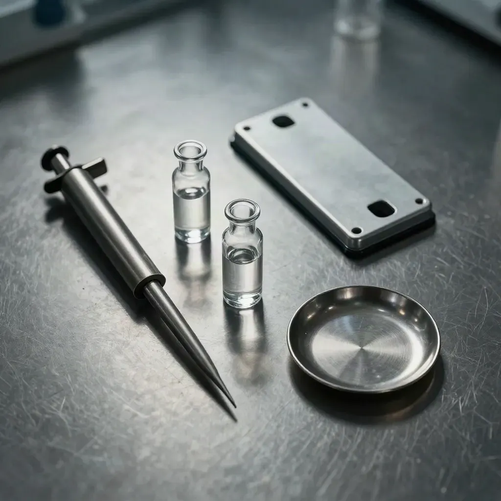 Labor-Stillleben mit Pipette, drei Glasvials und Probenhalter auf gebürstetem Metall.