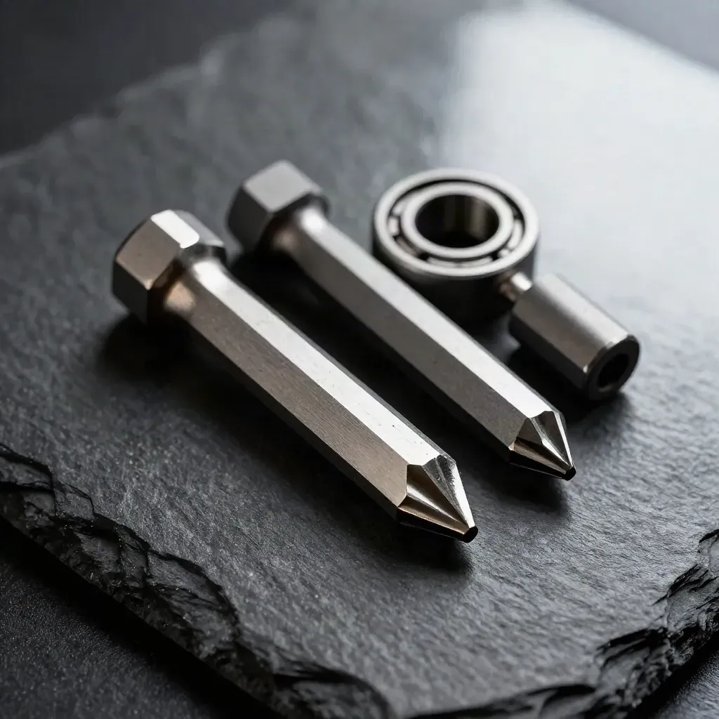 Metallbits, Lagerinnenring und Distanzhülsen auf dunklem Schiefer, diagonal arrangiert.