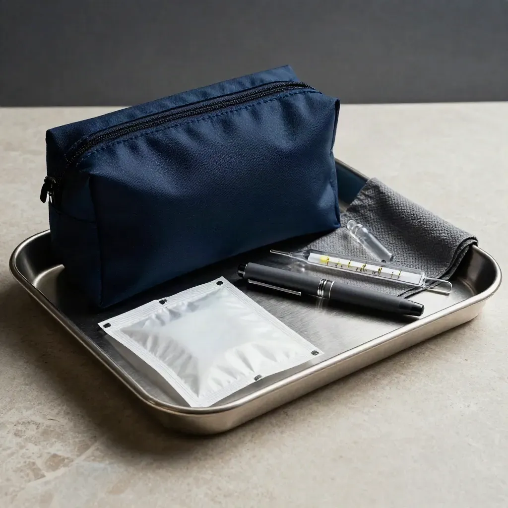 Steriles Klinik-Stillleben mit Tablett, Penlight, Thermometer und Ampulle auf Stein.