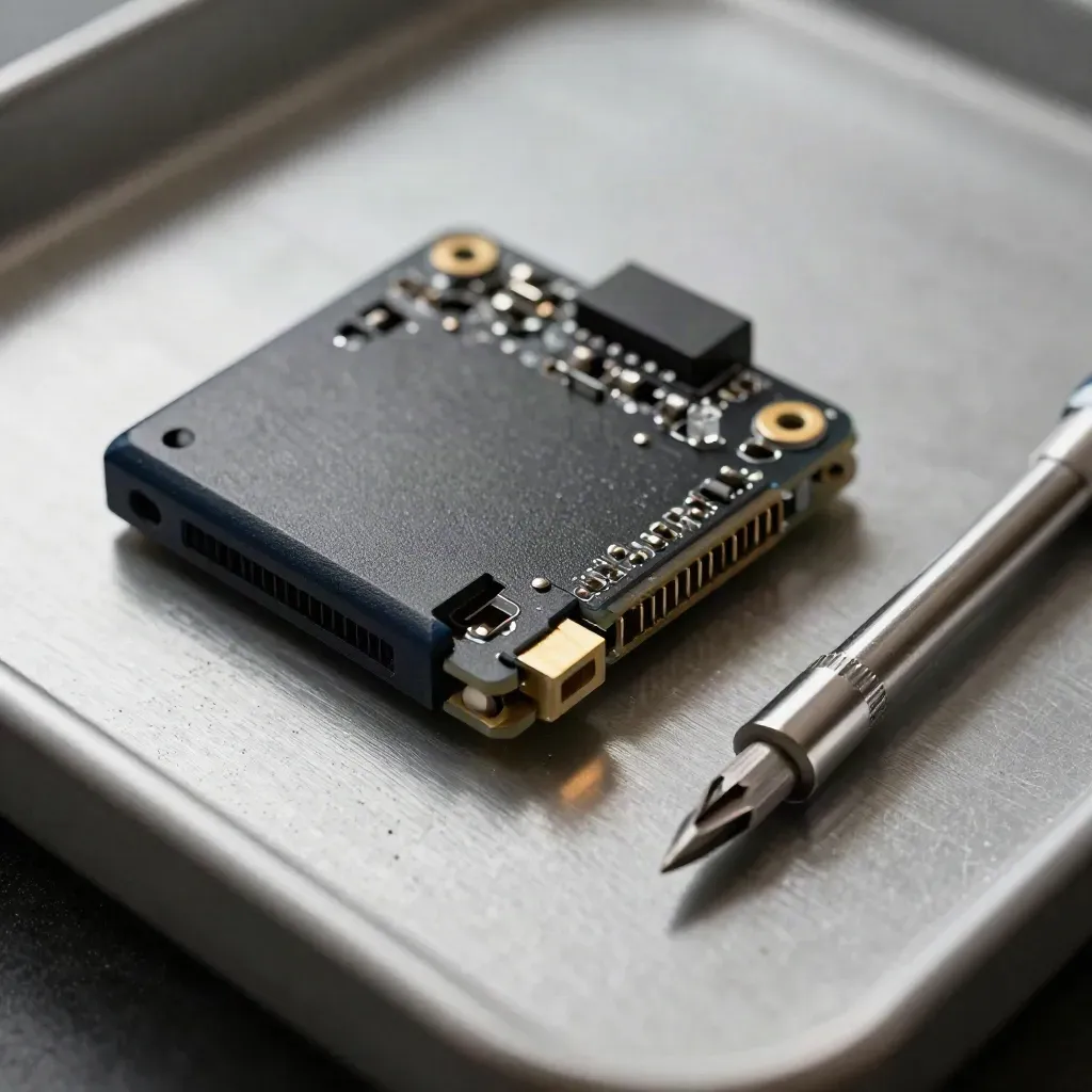 POST-Diagnose-Adapter, Reset-Jumper und Präzisionsschraubendreher auf dunkler Servicefläche