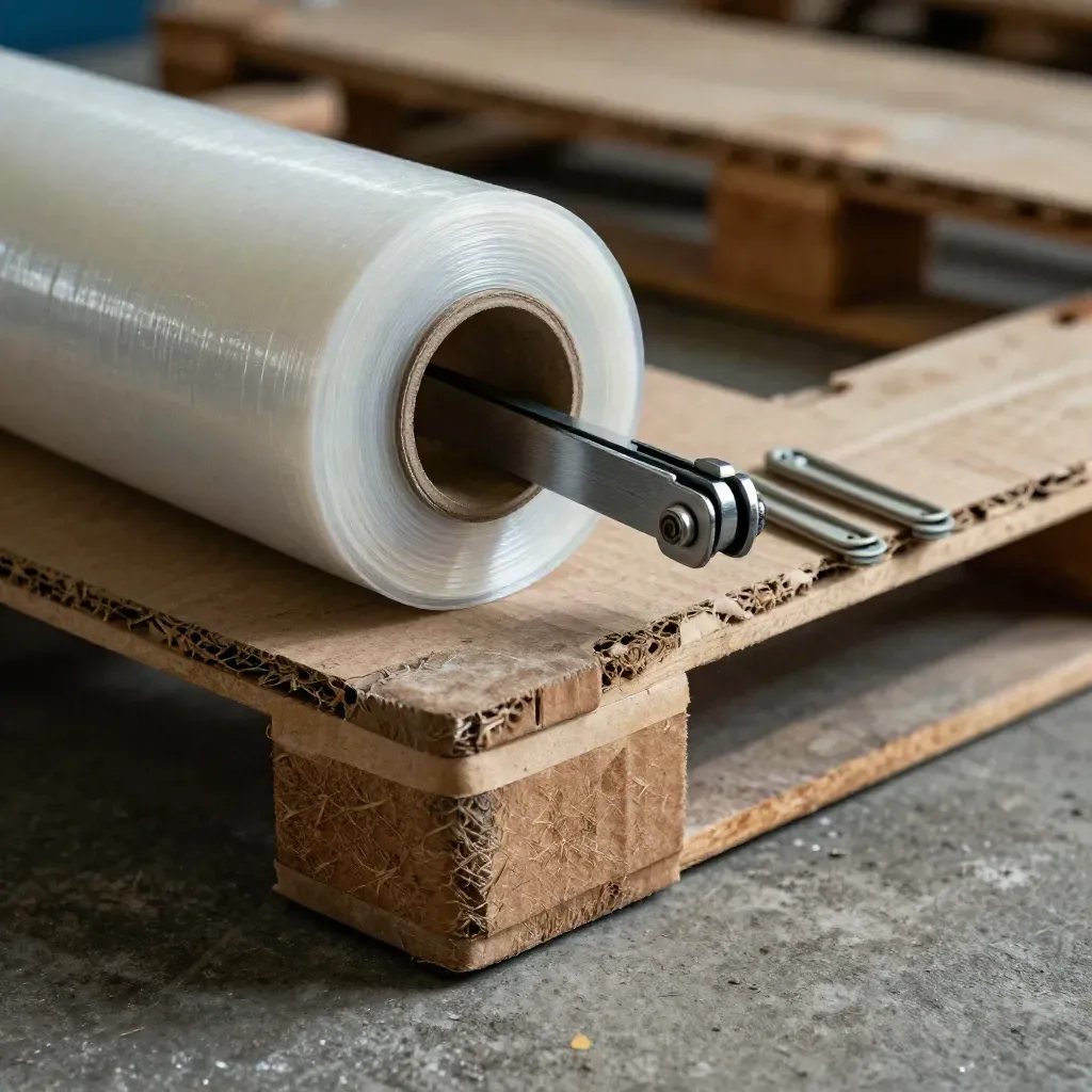 Logistik-Stillleben mit Stretchfolie, Spannwerkzeug, Kantenschutz und Paketklammern
