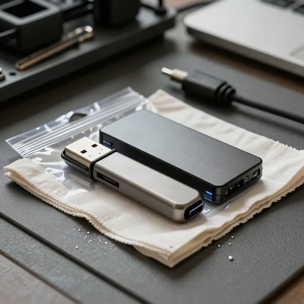 Boot-USB, SSD im Antistatikbeutel und Reinigungstuch auf dunkler Serviceunterlage.