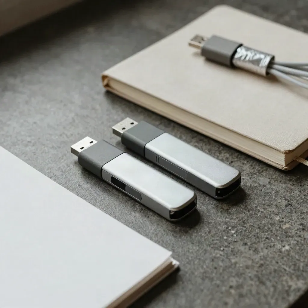 Zwei USB-Installationssticks, Notizbuch und Kabelset auf Steinwerkbank im weichen Licht.
