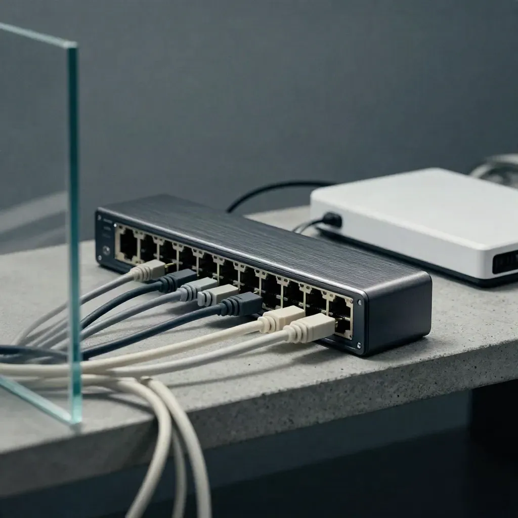 Netzwerk-Switch, Patchkabel, Backup-Laufwerk und Dockingstation hinter Glas im Büro.
