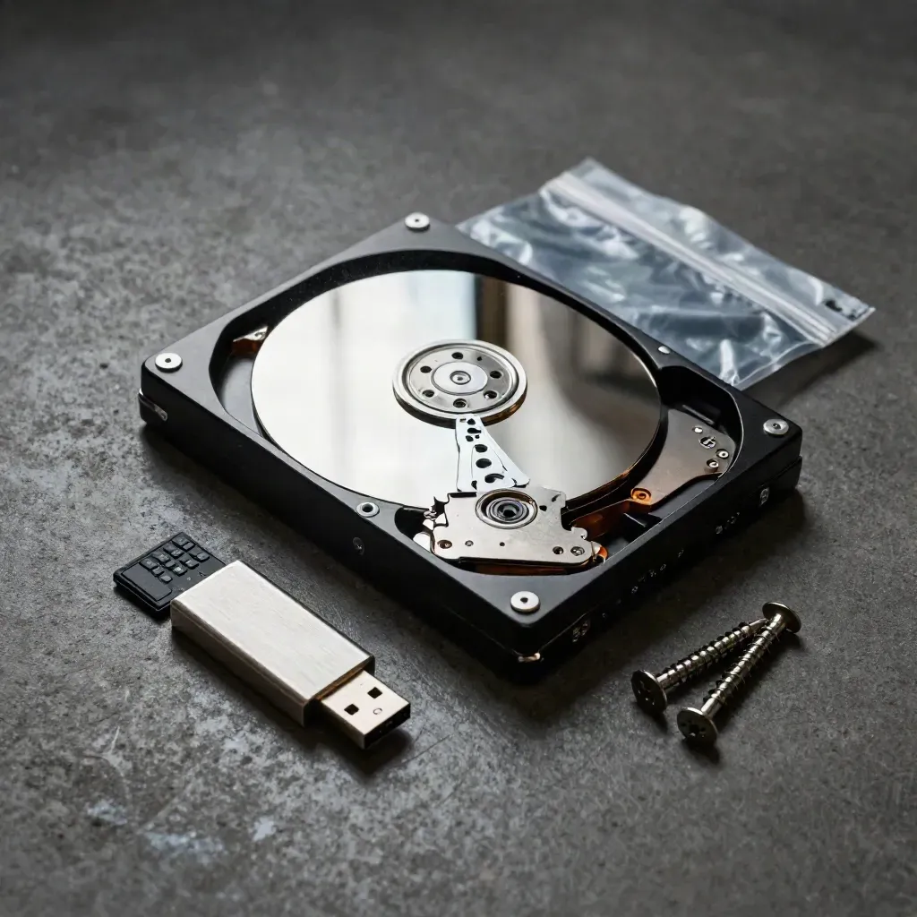 Festplatte im Antistatikbeutel, USB-Stick, Adapter und Schraubenset auf dunkler Fläche.