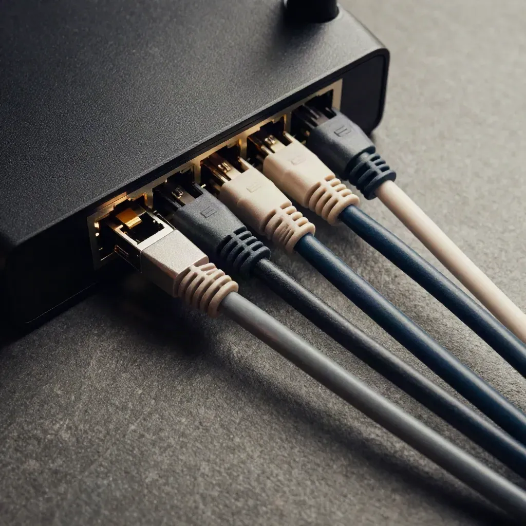 Router, RJ45-Koppler und Patchkabel auf dunklem Stein, von oben aufgenommen.