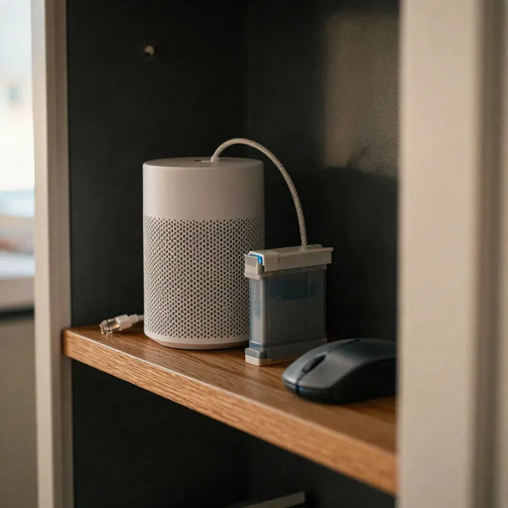WLAN-Mesh-Knoten, Ethernet-Kabel, Druckerpatrone und Maus auf dem Flurboard, durch Türrahmen gesehen.