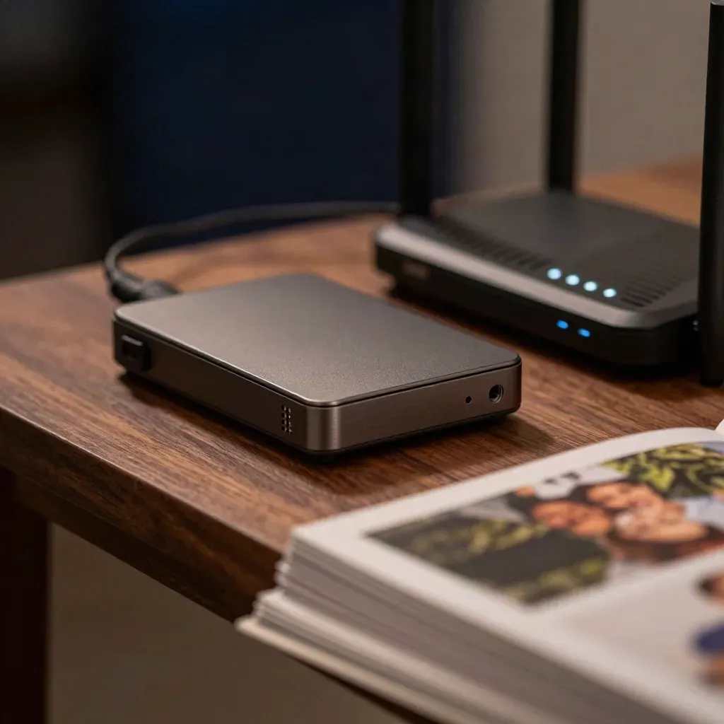 Makro von Backup-Festplatte, Router und Familienfotos auf Walnuss, warmes Licht.
