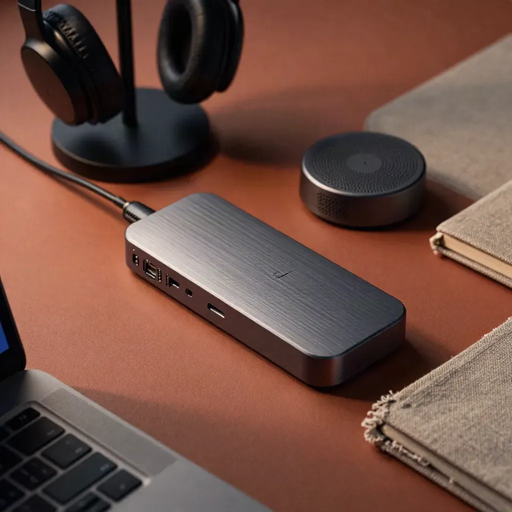 USB-C-Dock, Headset-Stand, Mesh-WLAN-Knoten und Notizbuch auf Terrakotta im Abendlicht.