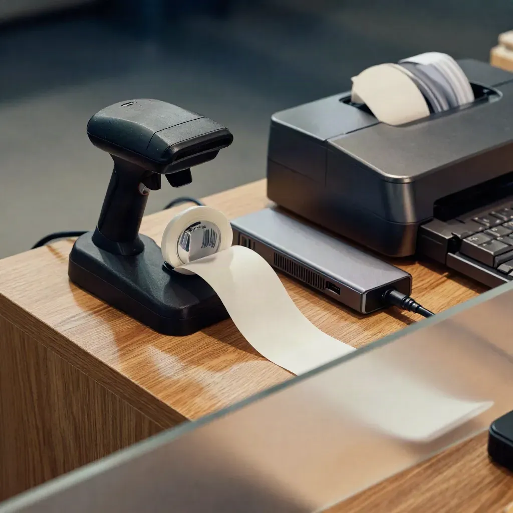 Barcode-Scanner, Thermorolle und Zubehör auf heller Holzfläche im Top-down-Makro
