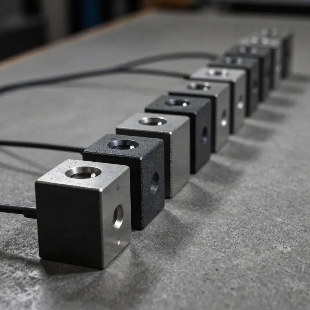 Graphitblöcke mit Metallbrücke und Ausrichtungsstiften auf Beton im IT-Workshop