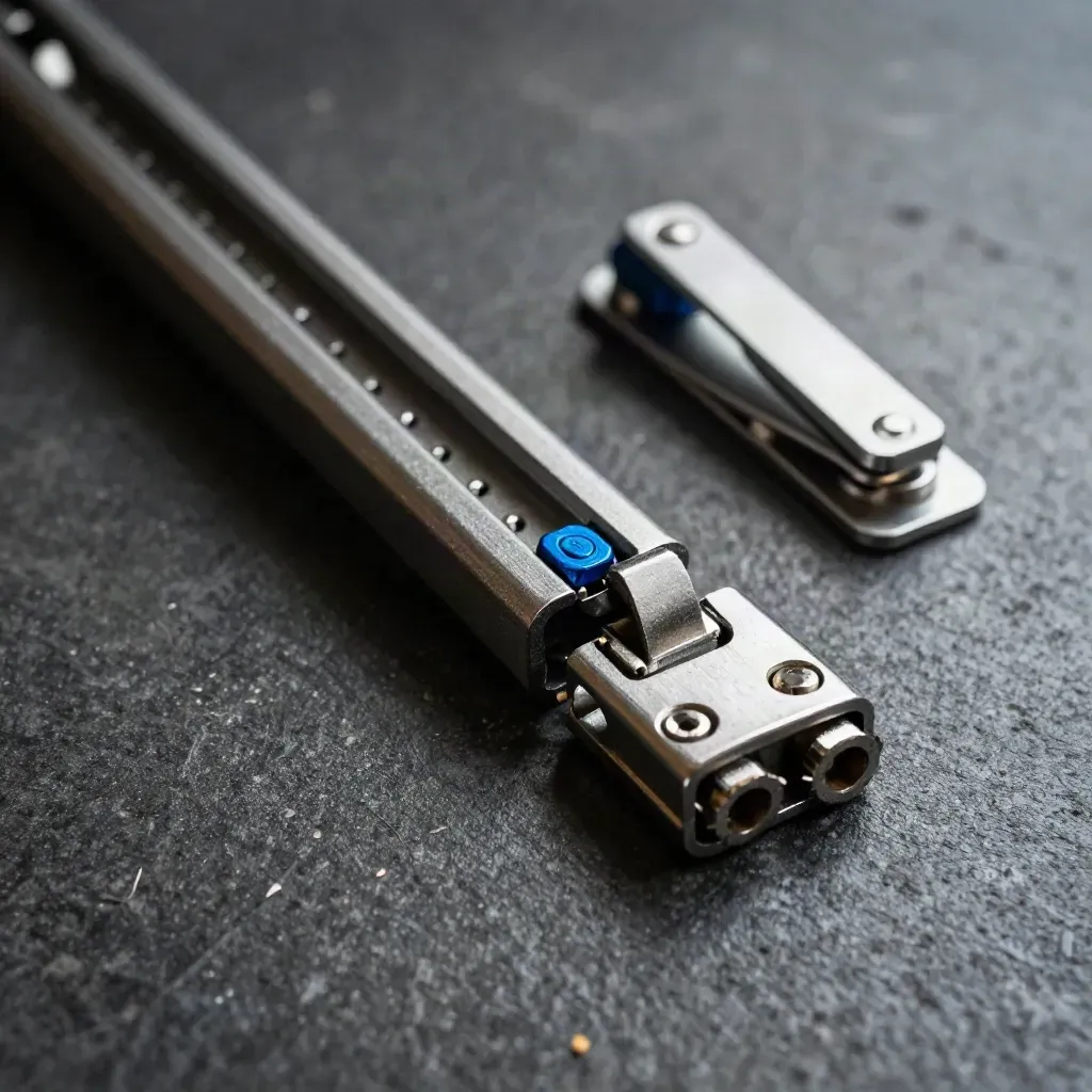 Metallische Verriegelungsschienen und Clips auf dunklem Stein mit blauem Akzent.