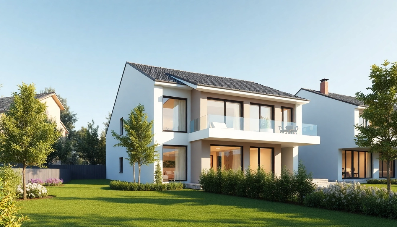 Visually stunning 3D visualisierung of a modern house design showcasing intricate architectural details and vibrant landscaping.