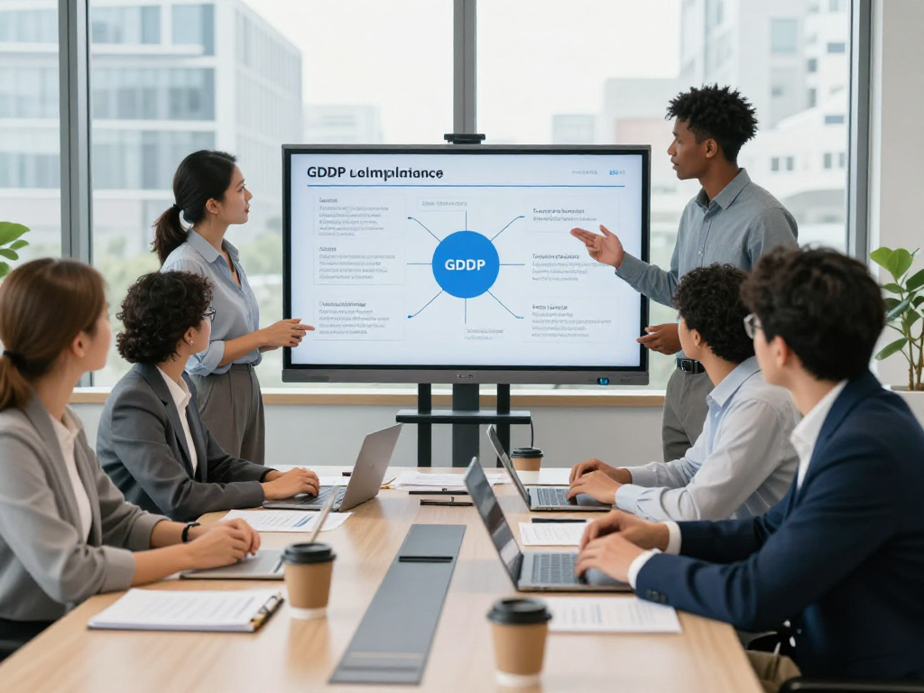 Wissen / Blog-Hub: Team bespricht DSGVO-Strategien in moderner Büroumgebung.