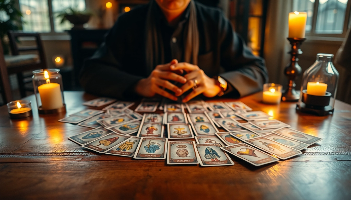 Lenormand orakel online: Detailed overview of a fortune teller’s spread in a warm setting.