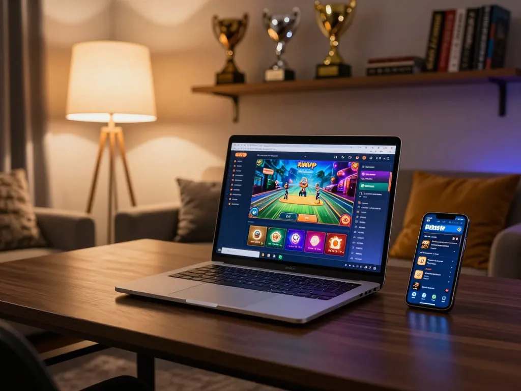 Engaging online gaming scene with Rikvip displayed on laptop and smartphone in cozy setup