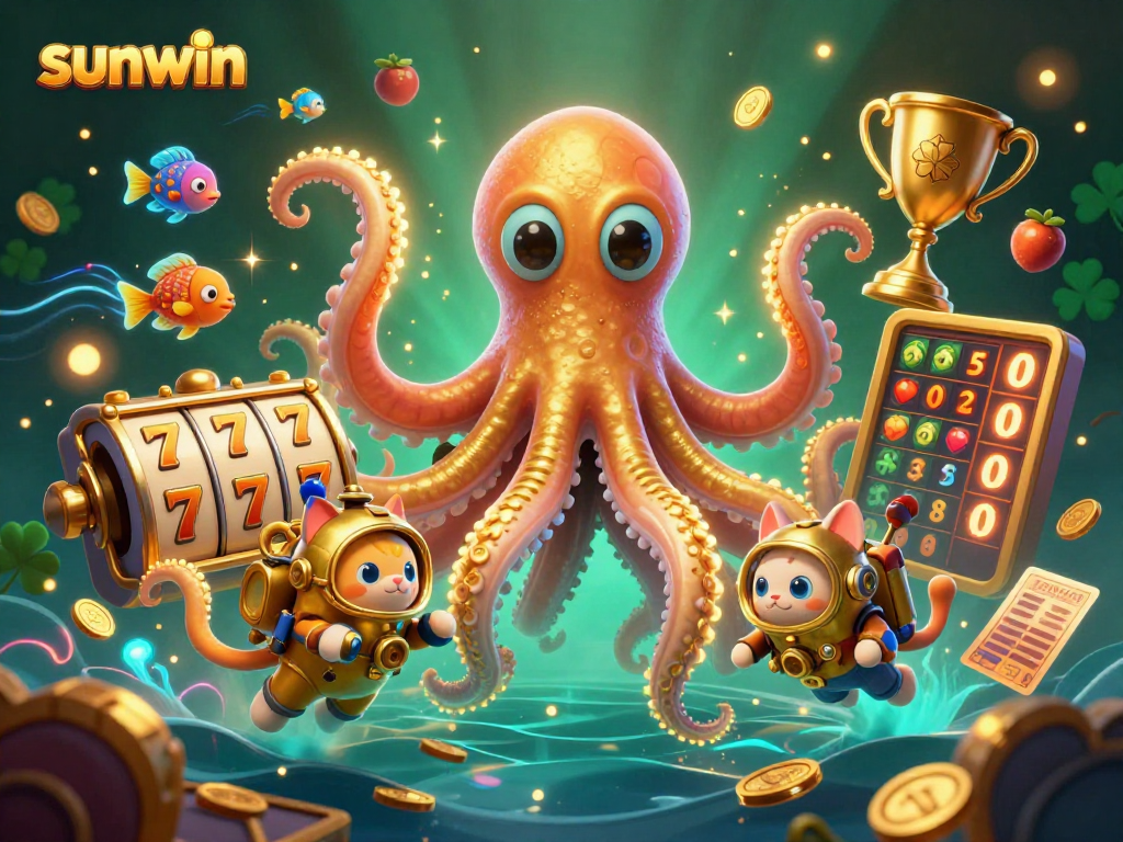 Join the excitement at sunwin with a colossal kraken and diving cat in a vibrant casino scene.