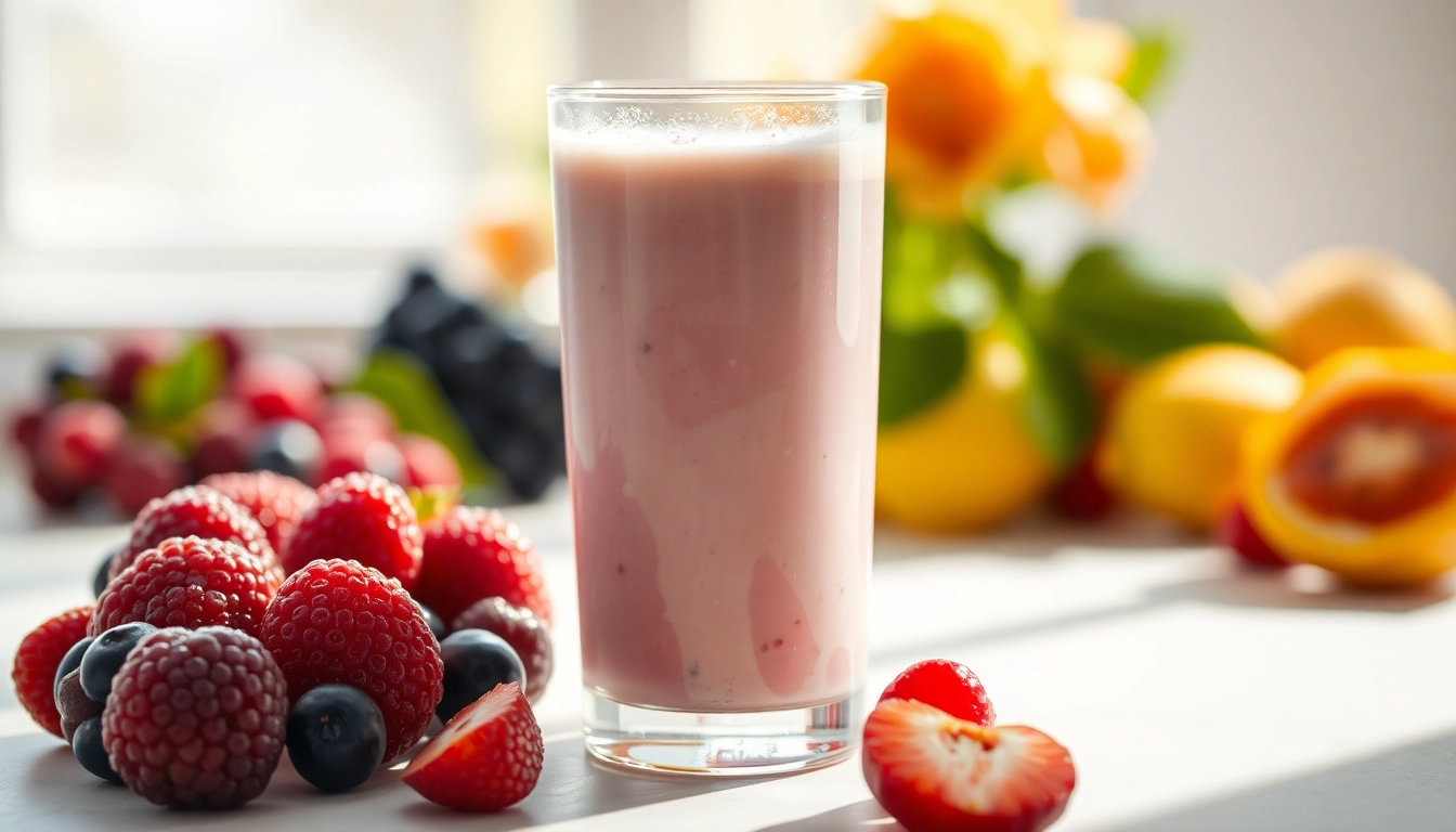Genießen Sie Clear Whey, einen erfrischenden Proteinshake in einem Glas, umgeben von frischen Früchten.