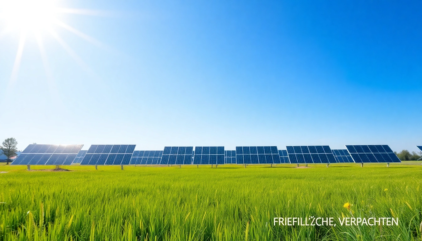 Optimale Möglichkeit, FREIFLÄCHE VERPACHTEN für Solaranlagen zu illustreren, mit einer grünen Wiese und Solarpanels unter strahlendem Sonnenlicht.