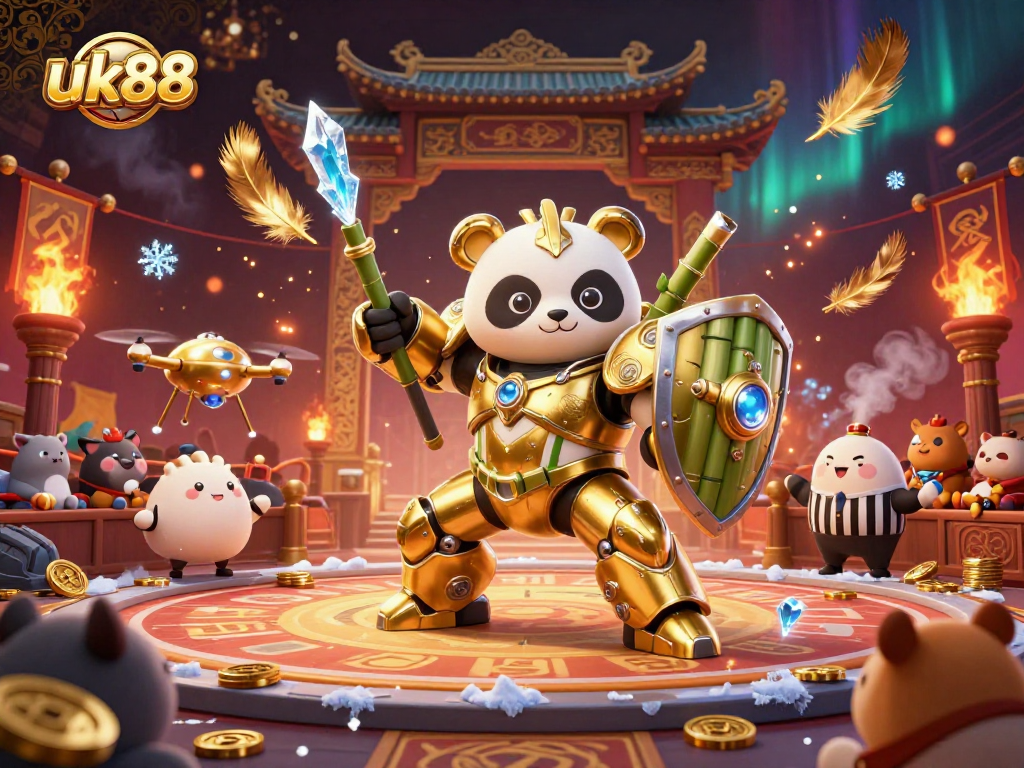 Experience thrilling action at uk88 with a mech-suit panda battling in an electrifying casino arena.