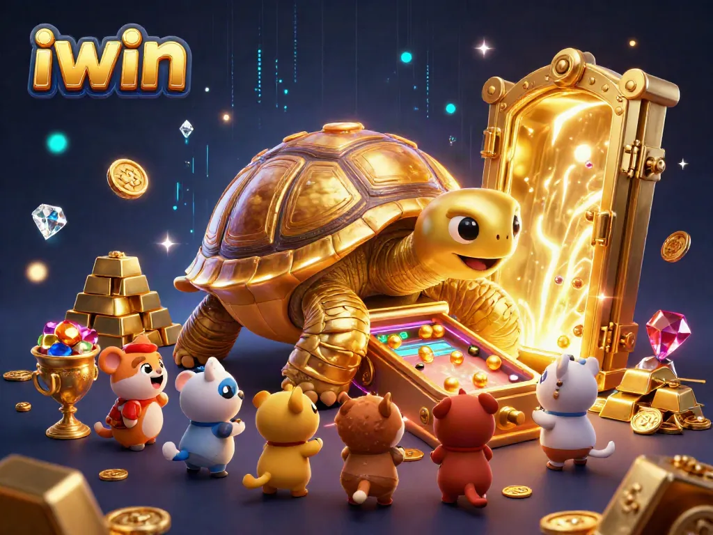 Play and win at iwin with a thrilling 3D casino illustration of joyful cartoon characters.