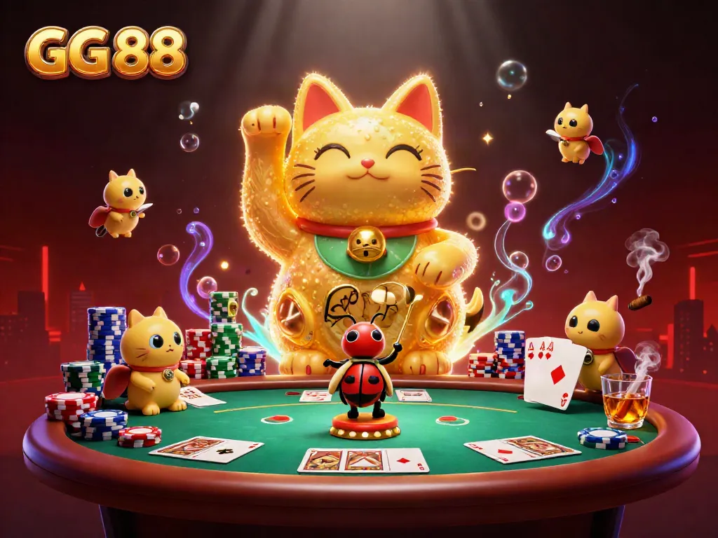 Experience the excitement of GG 88 with a dynamic illustration of a golden lucky cat, poker elements, and vibrant casino atmosphere.
