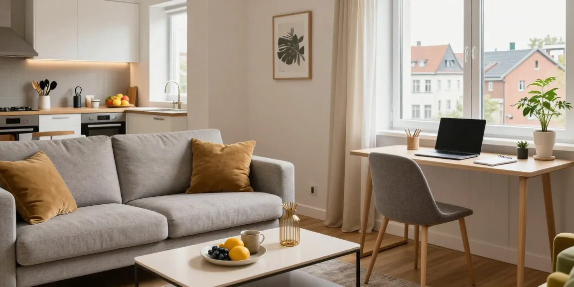 Bequeme Monteurwohnung in Hannover mit voll ausgestatteter Küche und Arbeitsbereich.