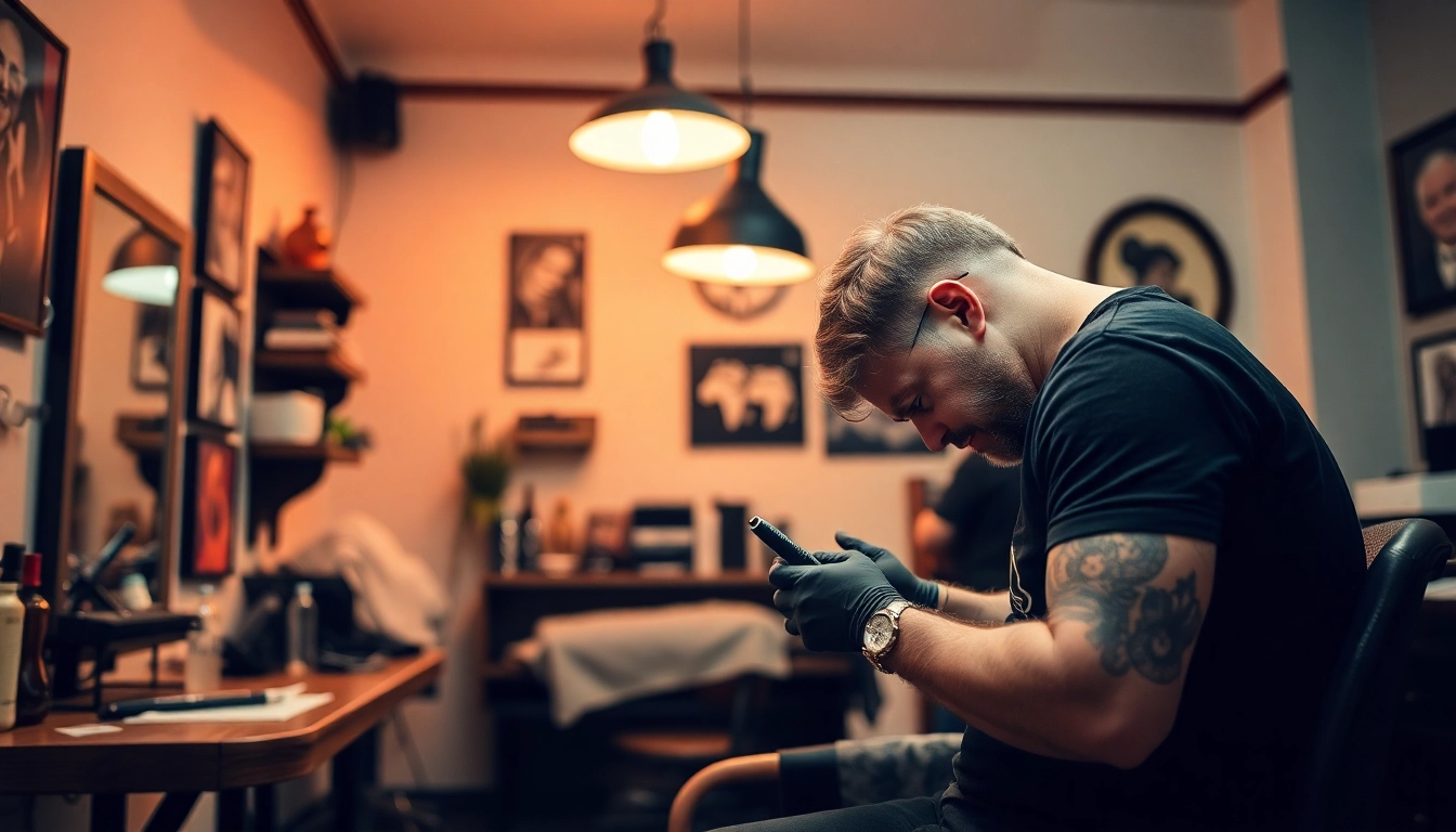 Professioneller Künstler im Tattoo Studio München, der detailreiche Designs auf Haut erstellt, in einer stilvollen Umgebung.