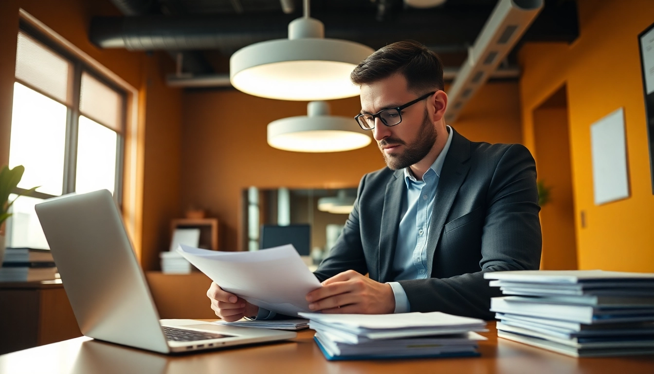 Debt collection specialist reviewing documents in an office setting focused on Inkasso.
